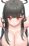  1girl absurdres black_hair blue_archive blunt_bangs blush breasts bright_pupils cleavage close-up hair_behind_ear hair_ornament hairclip halo hanging_breasts highres huge_breasts kano_(wi3028) leaning_forward long_hair looking_at_viewer nude outstretched_arms parted_lips reaching reaching_towards_viewer red_eyes rio_(blue_archive) simple_background solo sweat upper_body very_long_hair white_background 