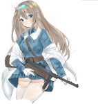  1girl bisaytin blue_coat blue_eyes blue_skirt blush brown_hair coat commentary cowboy_shot fur-trimmed_coat fur_trim girls&#039;_frontline gloves gun hairband holding holding_gun holding_weapon long_hair looking_at_viewer open_mouth simple_background skirt solo submachine_gun suomi_(girls&#039;_frontline) suomi_kp/-31 thighhighs weapon white_background white_gloves white_thighhighs 