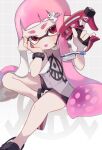  1girl :p bangs black_footwear black_shorts black_wristband blunt_bangs blush closed_mouth commentary_request dapple_dualies_(splatoon) grey_background gun hair_ornament hairclip hands_up head_rest highres holding holding_gun holding_weapon inkling inkling_girl invisible_chair long_hair looking_at_viewer mikoshiba_m pink_hair print_shirt purple_shirt red_eyes shirt shoes short_eyebrows short_shorts shorts sidelocks signature simple_background sitting solo splatoon_(series) splatoon_3 tentacle_hair thick_eyebrows tongue tongue_out very_long_hair weapon white_background wristband 