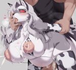  ahegao ambiguous_penetration animal_print anthro areola big_breasts bodily_fluids breast_milking breasts canid canine cervina7_(artist) clothing cow_print cum cum_inflation drooling duo excessive_cum excessive_genital_fluids female finger_in_mouth fur genital_fluids grey_body grey_fur hands_behind_back helluva_boss huge_breasts human humanoid inflation lactating legwear looking_pleasured loona_(helluva_boss) male male/female mammal milk multicolored_body multicolored_fur penetration red_eyes saliva sex thigh_highs tongue tongue_out 
