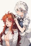  2girls absurdres apron bite_mark biting blue_eyes blush bow braid breasts bruise brushing_another&#039;s_hair brushing_hair closed_eyes couple dress fangs grey_hair hair_bow hickey highres hong_meiling implied_after_sex injury izayoi_sakuya liangyilin long_hair maid maid_apron maid_headdress medium_hair multiple_girls neck_biting open_clothes open_shirt red_hair ribbon scratches touhou twin_braids waist_apron yawning yuri 