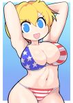  1girl alice_margatroid american_flag_bikini armpits arms_up bikini blonde_hair blue_background blue_eyes breasts cookie_(touhou) flag_print gradient_background hair_between_eyes hospital_king large_breasts looking_at_viewer medium_bangs navel open_mouth print_bikini short_hair smile solo star_(symbol) star_print striped striped_bikini swimsuit touhou web_(cookie) white_background 