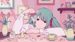  1girl absurdres aqua_hair blue_eyes cup flower hair_ribbon hatsune_miku highres long_hair long_sleeves looking_at_viewer pink_flower pink_tulip plate red_nails red_ribbon ribbon shelf shi_oo shirt smile solo sugar_cube table teacup teapot tulip twintails vocaloid white_shirt 