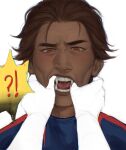  !? 1boy blush brown_hair dark-skinned_male dark_skin fangs finger_in_another&#039;s_mouth hair_slicked_back highres looking_at_viewer male_focus marvel mature_male miguel_o&#039;hara mouth_pull open_mouth portrait pov pov_hands realistic red_eyes saliva screentones shawkiio short_hair simple_background solo_focus spider-man:_across_the_spider-verse spider-man_(2099) spider-man_(series) sweat thick_eyebrows white_background wrinkled_skin 
