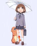  1girl black_necktie black_skirt briefcase brown_eyes brown_footwear brown_hair charmander crossover full_body grey_jacket highres holding holding_umbrella jacket kill_me_baby loafers long_sleeves necktie open_mouth oribe_yasuna pleated_skirt pokemon pokemon_(creature) rain school_uniform shoes short_hair skirt socks standing sweat umbrella white_socks yachima_tana 