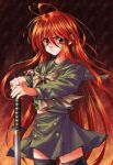  1990s_(style) 1girl absurdres ahoge alastor_(shakugan_no_shana) black_thighhighs bow closed_mouth commentary_request cowboy_shot eyelashes eyes_visible_through_hair fingernails floating_clothes floating_hair gradient_background green_sailor_collar green_shirt green_skirt hair_between_eyes highres holding holding_sword holding_weapon jewelry katana light_blush long_hair long_sleeves longmei_er_de_tuzi looking_at_viewer miniskirt necklace red_background red_eyes red_hair retro_artstyle sailor_collar school_uniform serafuku serious shakugan_no_shana shana shirt sidelocks simple_background skirt solo standing sword thighhighs v-shaped_eyebrows very_long_hair weapon yellow_bow zettai_ryouiki 