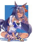  1girl absurdres animal_ears asymmetrical_sleeves black_hair blue_background blush border claw_pose commentary_request criss-cross_straps crossed_legs dark-skinned_female dark_skin ear_scrunchie fang hair_between_eyes hair_ornament hairclip highres hishi_amazon_(umamusume) horse_ears horse_girl horse_tail indian_style kento_(kentdrawing) long_hair long_sleeves open_mouth pleated_skirt red_eyes sandals sitting skirt smile solo tail umamusume very_long_hair white_border yellow_footwear 