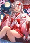  1girl :3 :d alcohol blurry blurry_background blush bow braid cherry_blossoms commentary_request cup eyelashes falling_petals flower full_moon grey_hair hair_between_eyes hair_flower hair_ornament hair_ribbon head_tilt highres holding holding_cup hololive horns ibuki_sho japanese_clothes kimono long_hair long_sleeves looking_at_viewer moon multicolored_hair nakiri_ayame night oil-paper_umbrella oni oni_horns open_mouth outdoors petals petals_on_liquid pleated_kimono red_bow red_eyes red_flower red_hair red_kimono red_ribbon ribbon ribbon-trimmed_sleeves ribbon_trim sakazuki sake short_kimono sidelocks smile soaking_feet solo streaked_hair thighs twin_braids umbrella virtual_youtuber white_ribbon wide_sleeves 