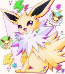  all_fours closed_eyes electricity fang hand_up jolteon mochopaccho open_mouth pawpads pokemon pokemon_(creature) polka_dot polka_dot_background purple_eyes sitting smile star_(symbol) tongue twitter_username white_fur yellow_fur 