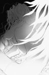  1boy aqua_eyes completely_nude english_commentary from_above from_behind glowing glowing_wings hand_on_own_shoulder long_hair looking_at_viewer male_focus millions_knives mixed-language_commentary monochrome nude saeldam self_hug sitting solo trigun wavy_hair wings 