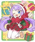  1girl :d bag blue_archive blue_eyes blush boots breasts brown_footwear commentary_request fake_antlers fang full_body gift hair_ornament hairclip halo hanae_(blue_archive) hanae_(christmas)_(blue_archive) heart heart_hair_ornament holding holding_bag large_breasts long_hair long_sleeves looking_at_viewer miniskirt official_alternate_costume one_eye_closed onyhakase open_mouth pantyhose pink_halo plaid plaid_skirt puffy_long_sleeves puffy_sleeves purple_hair red_skirt red_sweater skirt smile solo star_(symbol) sweater twintails very_long_hair white_pantyhose 
