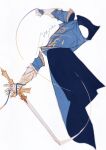  1boy a_knight_(reverse:1999) absurdres blue_cape cape gauntlets gold_trim highres holding holding_sword holding_weapon invisible leaning_forward okiii reverse:1999 simple_background solo sword weapon white_background 