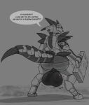  &lt;3 2022 5_fingers anthro armor balls big_balls big_butt bodily_fluids bottomwear bouncing_balls butt canyne capcom clothed clothing confusion english_text fingers genitals grass hi_res huge_balls hyper hyper_balls hyper_genitalia looking_at_viewer luccatoasty male monochrome monster_hunter motion_lines onomatopoeia orange_eyes outside palamute partially_clothed plant rear_view saggy_balls shaded sharp_teeth signature skirt solo sound_effects standing suitcase sweat teeth text 
