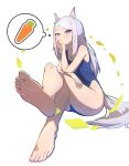  1girl absurdres animal_ears barefoot bow carrot closed_mouth feet foot_focus full_body green_bow hair_bow highres horse_ears horse_girl horse_tail invisible_chair knees_together_feet_apart legs long_hair looking_at_viewer mejiro_mcqueen_(umamusume) one-piece_swimsuit oukafafafa purple_eyes purple_hair simple_background sitting soles solo swimsuit tail thought_bubble toes umamusume white_background 