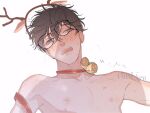  1boy bell blush brown_eyes brown_hair chinese_commentary commentary_request ddjuner earrings glasses here_u_are hickey jewelry male_focus neck_bell nipples open_mouth single_earring solo sweat teeth topless_male upper_body upper_teeth_only white_background yaoi yu_yang_(here_u_are) 
