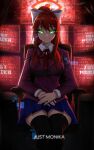  1girl absurdres black_thighhighs blue_skirt bow breasts brown_hair chair closed_mouth doki_doki_literature_club feet_out_of_frame glowing glowing_eyes green_eyes hair_bow highres long_hair looking_at_viewer miniskirt monika_(doki_doki_literature_club) monitor multiple_monitors neck_ribbon office_chair pleated_skirt ponytail rageman709 ribbon school_uniform shirt sidelocks sitting skirt smile solo swivel_chair thighhighs white_bow white_shirt 