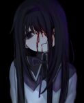 1girl akemi_homura arms_at_sides averting_eyes black_background black_hair black_hairband bleeding blood blood_from_mouth blood_on_face capelet collared_shirt dilated_pupils hair_in_own_mouth hair_over_one_eye hairband head_tilt highres light_blush long_hair long_sleeves mahou_shoujo_madoka_magica mahou_shoujo_madoka_magica_(anime) neck_ribbon one_eye_covered parted_lips purple_capelet purple_eyes purple_ribbon ribbon shirt sidelighting simple_background solo straight-on uee_m upper_body white_shirt 