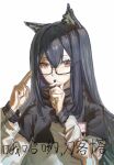  1girl animal_ear_fluff animal_ears arknights black-framed_eyewear black_capelet black_hair brown_eyes capelet commentary_request ear_piercing glasses hair_between_eyes hands_up highres jacket long_sleeves looking_at_viewer muningjiewuchang parted_lips piercing puffy_long_sleeves puffy_sleeves semi-rimless_eyewear simple_background solo texas_(arknights) translation_request under-rim_eyewear upper_body white_background white_jacket 