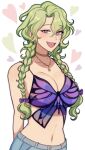  1girl blush bra braid earrings ensemble_stars! genderswap genderswap_(mtf) gold_necklace green_hair grey_background grey_shorts heart highres jewelry long_hair lummy_yummy necklace open_mouth purple_bra purple_eyes shorts smile solo sparkling_eyes teeth tomoe_hiyori underwear 