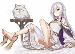  ... 1girl bare_shoulders barefoot bird circlet dress feet feh_(fire_emblem_heroes) fire_emblem fire_emblem:_genealogy_of_the_holy_war fire_emblem_heroes foot_focus grey_hair hiyashiru julia_(fire_emblem) legs long_hair long_sleeves one_eye_closed owl purple_eyes sitting solo_focus sweat touching_another&#039;s_feet 