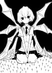 1girl ayanami_rei between_legs bright_pupils closed_mouth collared_shirt commentary_request cross demon_wings dowman_sayman end_of_evangelion expressionless giant giantess greyscale hand_between_legs highres looking_at_viewer monochrome multiple_wings necktie neon_genesis_evangelion no_shoes outline pleated_skirt school_uniform seiza shirt short_hair short_sleeves simple_background sitting skirt socks solo sweater_vest v_arms wings 