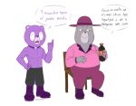  2023 anthro bear belly bottomwear brown_body chair clothing dialogue duo eyewear furniture glasses hat headgear headwear hi_res humanoid_hands male mammal meme muscular muscular_male overweight overweight_male padre_(unicorn_wars) pants purple_body sargento_caricias sharymm3 shirt sitting spanish_text text topwear unicorn_wars 