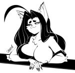  2023 5_fingers :3 ahoge anthro areola arm_tuft big_breasts black_and_white breast_rest breasts chest_tuft clothed clothing domestic_cat dress elbow_tuft eyelashes facial_tuft fangs felid feline felis female fingers hair hi_res inner_ear_fluff katherine_(sem-l-grim) long_hair long_nails looking_away mammal monochrome nipple_outline nipples off_shoulder one_breast_out sem-l-grim signature simple_background solo teeth tuft white_background 