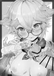  1boy 1girl animal_ears bar_censor blush breasts censored closed_mouth cum cum_in_container ejaculation erection flask fur_collar genshin_impact glasses gloves greyscale hair_between_eyes hetero highres holding holding_flask looking_at_viewer medium_breasts monochrome multicolored_hair nipples penis round_eyewear semi-rimless_eyewear solo_focus streaked_hair sucrose_(genshin_impact) sukoyaka93 test_tube vision_(genshin_impact) 