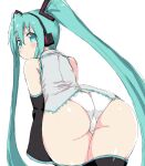  1girl aqua_eyes aqua_hair ass ass_focus black_thighhighs commentary_request detached_sleeves from_behind hatsune_miku headset highres looking_back naitou_kouse no_pants panties sketch solo thighhighs twintails underwear vocaloid white_panties 