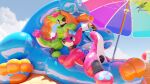  anthro ball beach_ball big_butt blue_body butt collar dragon group handles_on_hips hi_res inflatable krokett latex male male/male multicolored_body pink_body plastic pool_toy presenting simple_background swooshy trio 