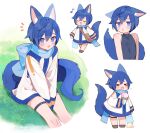  &gt;_&lt; 1boy :3 alternate_costume animal_ear_fluff animal_ears bag bare_shoulders blue_eyes blue_hair blue_jacket blue_scarf blue_tail blush chibi chibi_inset commentary_request cropped_legs cropped_torso fang full_body hair_between_eyes ice_cream_cone jacket kaito_(vocaloid) long_sleeves looking_at_viewer male_focus mogu_(wy5xrt7w) multicolored_clothes multicolored_jacket musical_note on_ground open_mouth otoko_no_ko scarf shoulder_bag sitting skin_fang sleeveless thigh_strap thighs vocaloid walking white_jacket 