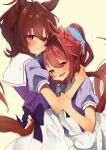  2girls absurdres agnes_tachyon_(umamusume) ahoge alternate_eye_color animal_ears back_bow blush bow brown_hair closed_mouth commentary_request daiwa_scarlet_(umamusume) gorioshi0802 hair_bow highres horse_ears horse_girl horse_tail hug looking_at_viewer messy_hair multiple_girls open_mouth puffy_short_sleeves puffy_sleeves purple_bow purple_eyes purple_shirt red_bow red_eyes red_hair sailor_collar school_uniform shirt short_hair short_sleeves simple_background skirt smile summer_uniform tail tail_through_clothes twintails umamusume yellow_background 