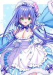  1girl :d antenna_hair apron arm_up blue_background blue_bow blue_hair bow breasts cleavage commission detached_sleeves dress eyes_visible_through_hair floral_background flower flower_knight_girl frilled_apron frills fur-trimmed_dress fur-trimmed_sleeves fur_trim green_eyes hair_ornament hair_over_one_eye hair_over_shoulder hair_scrunchie hairclip highres large_breasts long_hair long_sleeves looking_at_viewer low_twintails pink_flower pixiv_commission sacraneco scrunchie shabonsou_(flower_knight_girl) smile solo striped striped_bow striped_dress twintails two-tone_background vertical-striped_dress vertical_stripes very_long_hair white_apron white_background wide_sleeves x_hair_ornament 