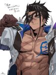  003_ssq 1boy abs bara bare_pectorals black_hair blue_eyes body_markings coat dark-skinned_male dark_skin earrings eyepatch gloves highres jewelry light_smile looking_at_viewer male_focus muscular muscular_male no_shirt open_clothes open_coat original pectorals scar scar_on_chest short_hair single_earring solo stomach thick_eyebrows translation_request 