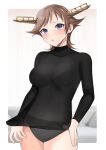  1girl alternate_costume black_bra black_panties blush bra breasts brown_hair covered_navel cowboy_shot headgear hiei_(kancolle) highres kantai_collection large_breasts long_sleeves looking_at_viewer navel open_mouth panties purple_eyes short_hair solo toriniku_senshi_chikinman underwear 