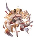  1girl absurdres ahoge anila_(granblue_fantasy) black_skirt blonde_hair blunt_bangs breasts brown_eyes cape cleavage closed_mouth curled_horns draph full_body fur-trimmed_cape fur_collar fur_trim gloves granblue_fantasy granblue_fantasy_versus highres holding holding_polearm holding_weapon horns large_breasts leg_up long_hair looking_at_viewer midriff_peek minaba_hideo naginata navel official_art pelvic_curtain pleated_skirt polearm skirt smile solo standing standing_on_one_leg thighhighs transparent_background weapon white_gloves white_thighhighs zettai_ryouiki zouri 
