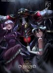  1boy 2girls absurdres ahoge ainz_ooal_gown albedo_(overlord) artist_logo artist_name black_hair black_wings blurry blurry_background blurry_foreground bow breasts clothes_pull commentary copyright_name crossed_legs demon_girl demon_horns double-parted_bangs dress energy english_commentary eye_trail fangs fantasy feathered_wings fingernails foreground_text frilled_dress frilled_sleeves frills gloves glowing glowing_eye gothic_lolita grabbing_another&#039;s_chin hair_between_eyes hair_bow hand_on_another&#039;s_chin hand_to_own_face hand_up hands_up highres hood hood_up hooded_robe horns knightfang lich light_particles light_trail logo lolita_fashion long_dress long_hair long_sleeves looking_at_viewer looking_to_the_side low_horns medium_breasts multiple_girls off-shoulder_dress off_shoulder open_mouth overlord_(maruyama) patreon_username pink_nails purple_dress purple_hair raised_eyebrows red_eyes ribs robe shalltear_bloodfallen single_bare_shoulder sitting sitting_on_lap sitting_on_person skeleton skull slit_pupils smile split_mouth swept_bangs text_focus turning_head vampire very_long_hair watermark white_dress white_gloves white_horns wings yellow_eyes 