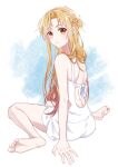  1girl absurdres asuna_(sao) bare_arms bare_back bare_legs barefoot brown_eyes brown_hair dress feet highres istriri legs long_hair looking_at_viewer no_bra open_mouth pajamas simple_background skirt soles sword_art_online toenails toes white_dress white_pajamas white_skirt 