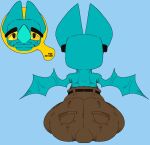  anthro bat belt big_butt blue_background blue_body blush blush_lines bottomwear brown_bottomwear brown_clothing brown_pants bulge butt cartoon_network clothing d0ncassidy digital_media_(artwork) english_text eugene_(mao_mao:_heroes_of_pure_heart) eyewear glasses hi_res male mammal mao_mao:_heroes_of_pure_heart pants pockets rear_view simple_background sitting solo text thick_thighs wings 