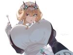  1girl apron barghest_(fate) barghest_(swimsuit_archer)_(fate) blonde_hair breasts dated fate/grand_order fate_(series) from_below gloves goya_(xalbino) green_eyes heterochromia highres huge_breasts maid_apron maid_headdress mimikaki red_eyes signature white_background white_gloves 