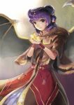  1girl absurdres dragon_girl dragon_wings dress fire_emblem fire_emblem:_the_sacred_stones fire_emblem_heroes gem gold_trim gradient_background green_wings highres layered_dress light_rays light_smile looking_at_viewer myrrh_(fire_emblem) pale_skin purple_hair red_dress red_eyes shawl sunbeam sunlight tatsuya_(th7525) twintails wings wrist_cuffs 