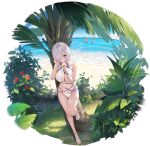  4girls absurdres artist_request azur_lane beach bikini blue_choker blue_eyes bracelet breasts choker coconut_tree dead_or_alive dead_or_alive_xtreme food grass groin hair_over_eyes highres holding holding_food ice_cream jewelry large_breasts looking_at_viewer luna_(doa) luna_(venus_of_the_beach)_(doa) multiple_girls navel non-web_source ocean official_art palm_tree panties plant stomach swimsuit thigh_strap thighs transparent_background tree underwear white_bikini white_footwear white_hair white_panties wristband 