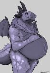  absurd_res anthro belly belly_tuft big_belly black_horn bloated dragon fur grey_background hi_res horn male moobs musclegut overweight overweight_anthro overweight_male purple_body purple_fur sheppyduke simple_background solo tuft wings 