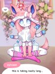  absurd_res anthro big_breasts blue_eyes blue_sclera bodily_fluids bottomwear breast_milking breasts clothed clothing eeveelution female flower fluffy fluffy_hair footwear generation_6_pokemon hair hi_res huge_breasts lactating legwear mammal milk nintendo nipples partially_clothed paws pink_clothing pink_hair plant pokemon pokemon_(species) pukemilked shorts skullwife sky socks solo sylveon text topless white_body 