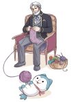  2boys courtneygodbey fire_emblem fire_emblem_engage knitting knitting_needle multiple_boys needle official_alternate_costume old old_man open_mouth sitting sommie_(fire_emblem) vander_(fire_emblem) yarn yarn_ball 