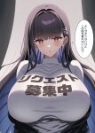  1girl absurdres aya-cis black_hair blue_archive blush breasts commentary_request hair_ornament highres huge_breasts long_hair looking_at_viewer parted_lips red_eyes rio_(blue_archive) solo speech_bubble sweater translation_request turtleneck upper_body white_sweater 