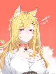  1girl aion_tesla animal_ear_fluff animal_ears blonde_hair collar fang hair_ornament hairclip highres hololive hololive_indonesia kaela_kovalskia looking_at_viewer off_shoulder red_eyes shirt simple_background skin_fang smile solo t-shirt upper_body virtual_youtuber white_shirt 