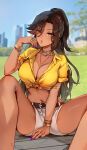  1girl alma_(foxyreine) bracelet breasts brown_hair dark-skinned_female dark_skin foxyreine highres jewelry large_breasts long_hair looking_at_viewer nail_polish navel necklace original outdoors shirt shorts sitting solo thick_thighs thighs 