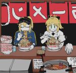  2girls ahoge artoria_pendragon_(fate) black_bow black_headwear blonde_hair blue_jacket bow bowl chopsticks closed_eyes cooking_pot cup detached_sleeves eating fate/grand_order fate_(series) food green_eyes hair_bow hat highres holding holding_chopsticks jacket long_hair multiple_girls mysterious_heroine_x_(fate) noodles open_mouth ponytail ramen saber_lily scarf uotsu_(sabakou) upper_body 