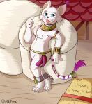  anthro bandai_namco belt blue_eyes blush bracelet breasts broken_chain chain chained clothed clothing digimon digimon_(species) digital_media_(artwork) domestic_cat farm felid feline felis female fur gatomon genitals hair hi_res hzfow inviting inviting_to_sex jewelry looking_at_viewer mammal medieval medieval_clothing necklace nipples nude open_mouth pinup pose pussy simple_background smile solo tail tuft white_body white_fur 